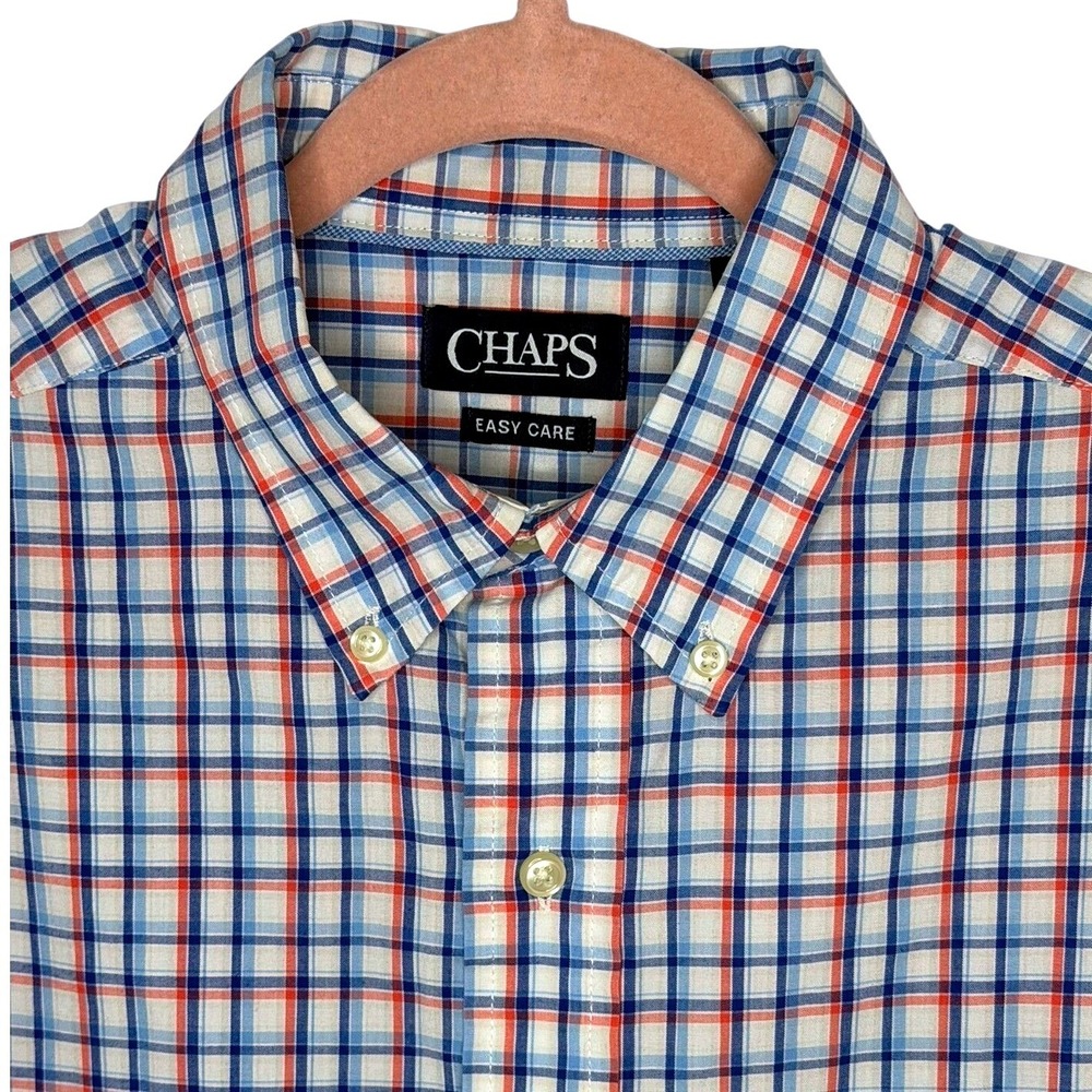 Chaps Mens Easy Care Short Sleeve Plaid Button Down Shirt Blue Orange White L